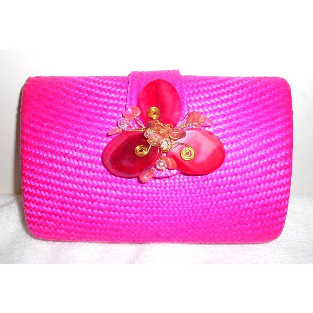 Straw Sand Clutch Flower Purse Crossbody Handbag Beaded Pink Chain Strap Bag New